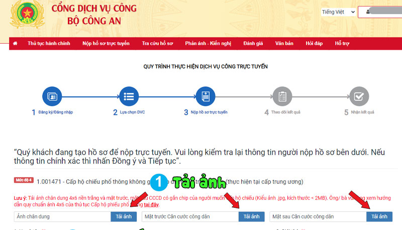 Tải ảnh và nộp hồ sơ