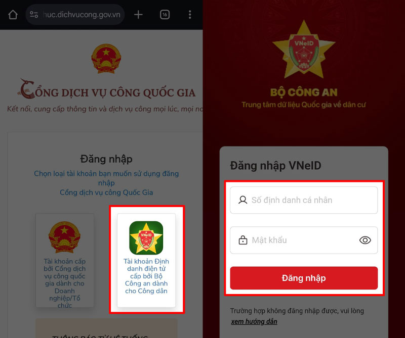Đăng nhập bằng số CCCD và mật khẩu VNeID