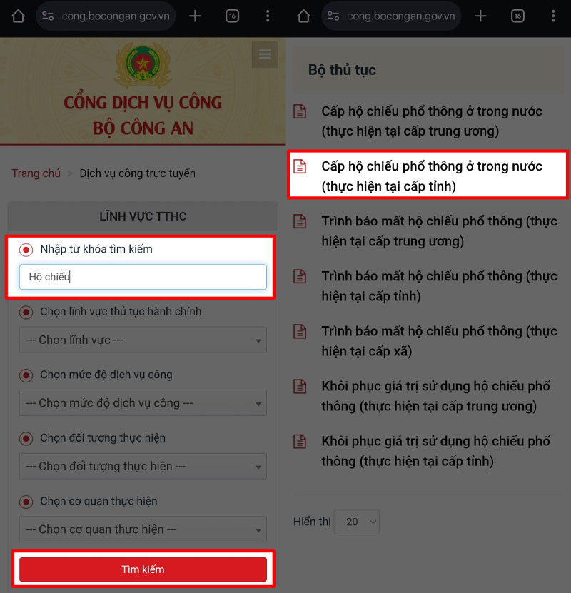 Chọn thủ tục cấp hộ chiếu