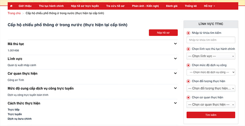 Tìm kiếm và chọn thủ tục “Cấp hộ chiếu phổ thông trong nước”