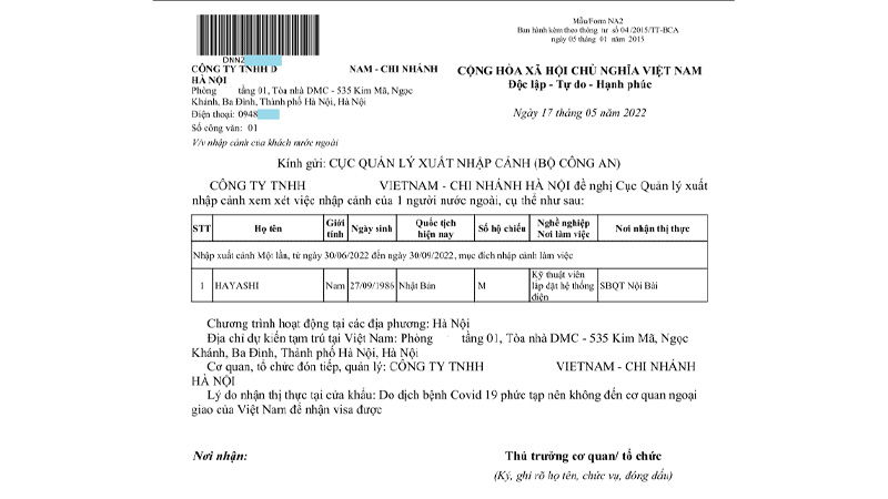 Thủ tục, mẫu N2 công văn nhập cảnh Việt Nam mới nhất
