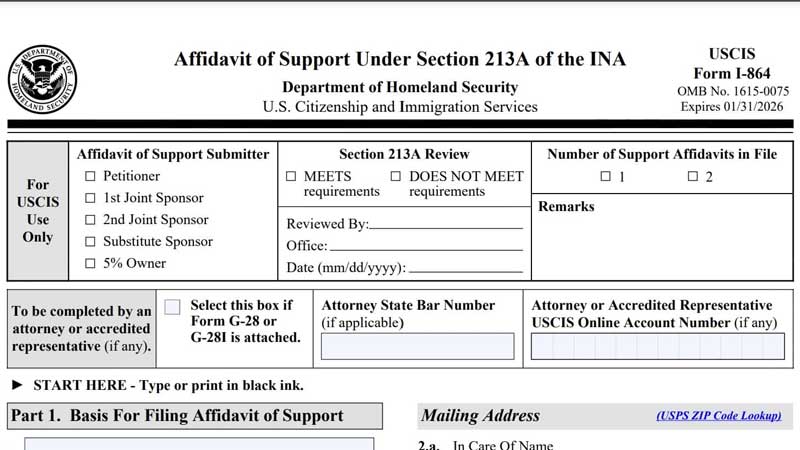 Form I-864 – Affidavit of Support