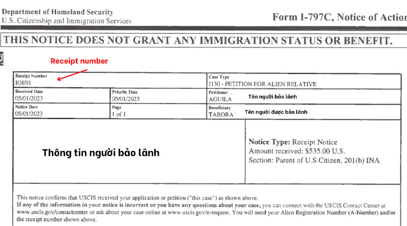 Receipt Number thường xuất hiện trên thông báo tiếp nhận hồ sơ do USCIS phát hành